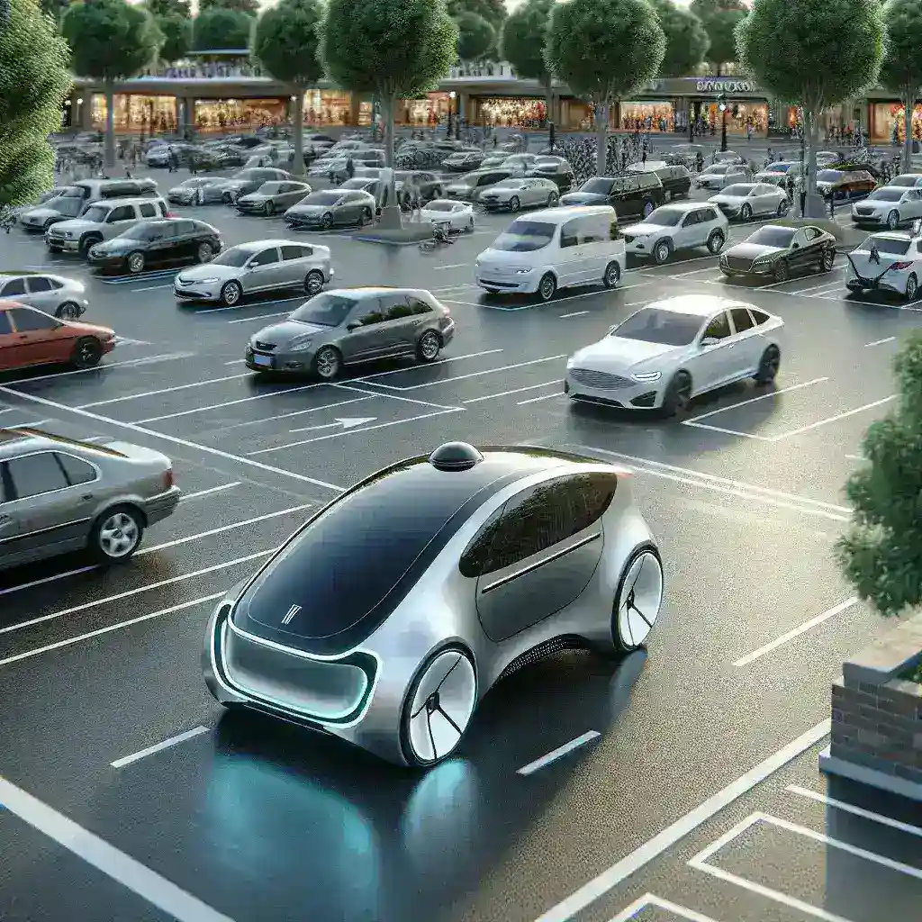 "Tesla vehicle using AI-powered Smart Summon feature in a U.S. parking lot, showcasing advanced autonomous technology for enhanced convenience and safety."